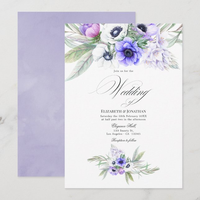 Convites Casamento Floral Violeta Pastel (Frente/Verso)