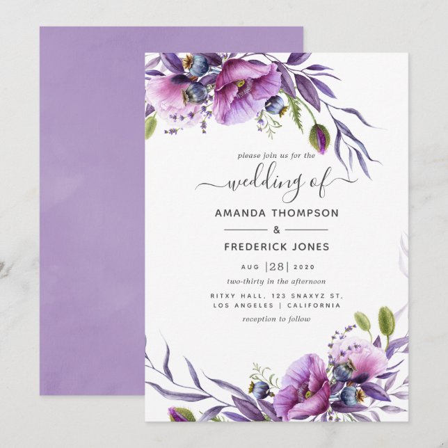 Convites Casamento Floral Violeta Roxo Amarelo Papoula (Frente/Verso)