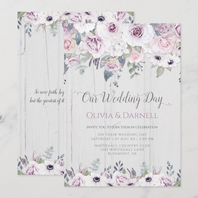 Convites Casamento Floral Violeta Roxo Lavanda Branco Rústi (Frente/Verso)
