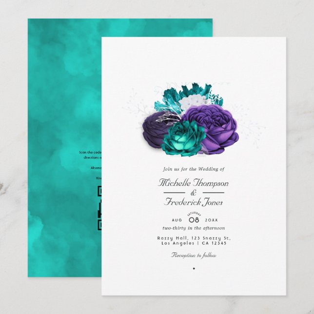 Convites Casamento Floral Violeta Rústico e Turquesa com QR (Frente/Verso)
