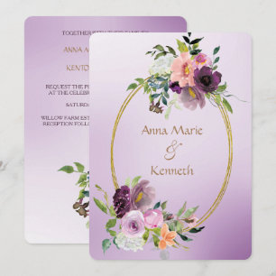 Convites Casamento Floral Violeta Violeta Dourado e Dupla F