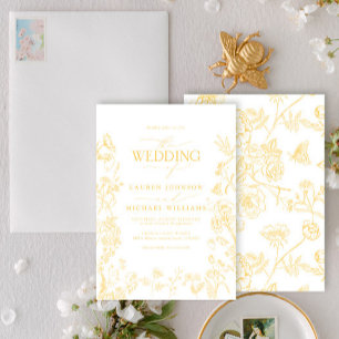 Convites Casamento Floral Vitoriano de Chinoiserie Dourada
