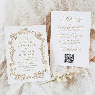 Convites Casamento Floral Vitoriano em Ouro Tudo em Um