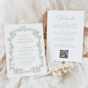 Convites Casamento Floral Vitoriano em Verde Salvia Tudo em