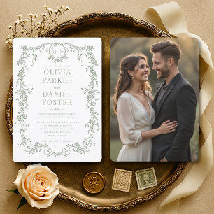 Convites Casamento Floral Vitoriano Francês Verde Sage Foto