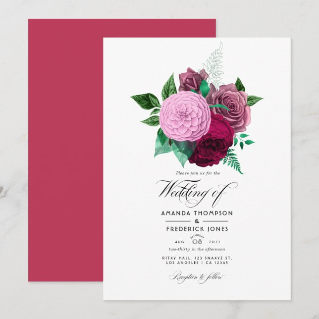 Convites Casamento Floral Viva Magenta (Frente/Verso)