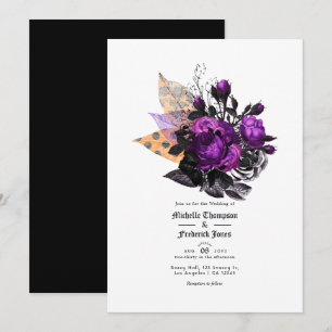 Convites Casamento Floral Xadrez Preto, Roxo e Laranja