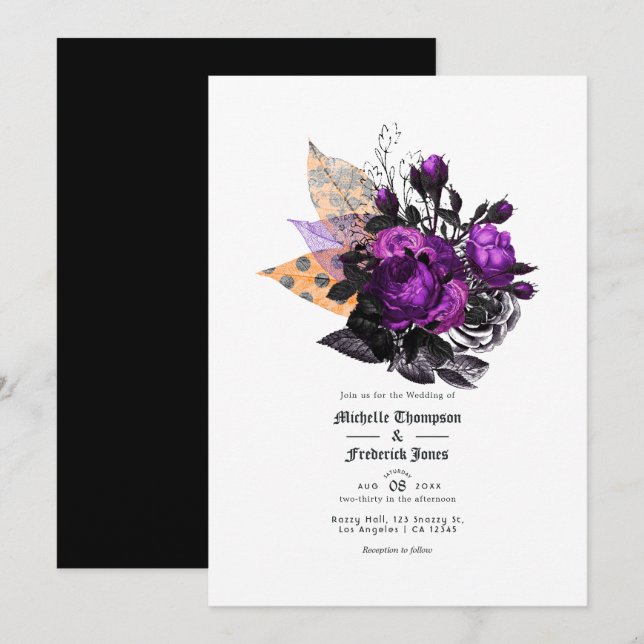 Convites Casamento Floral Xadrez Preto, Roxo e Laranja (Frente/Verso)