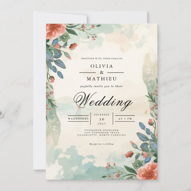 Convites Casamento Floreado de Coral Floral Eetal (Frente)