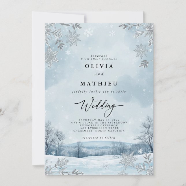 Convites Casamento Floreado de Paisagem Neve (Frente)