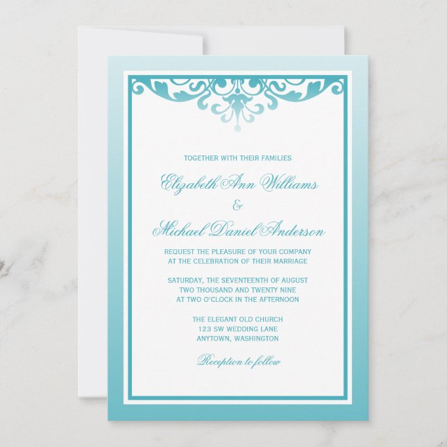 Convites Casamento Floreado de Teal Ombre Border (Frente)