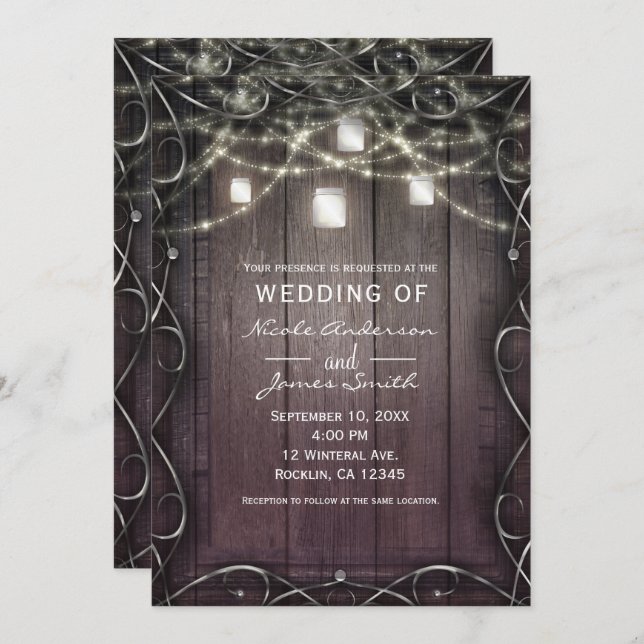 Convites Casamento Floreado entre Luzes de Madeira Rústicas (Frente/Verso)