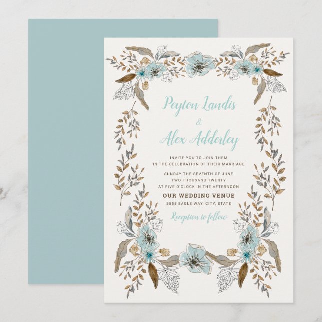 Convites Casamento Flores Boho Poeira Azul Marrom Romântico (Frente/Verso)