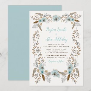 Convites Casamento Flores Boho Poeira Azul Marrom Romântico