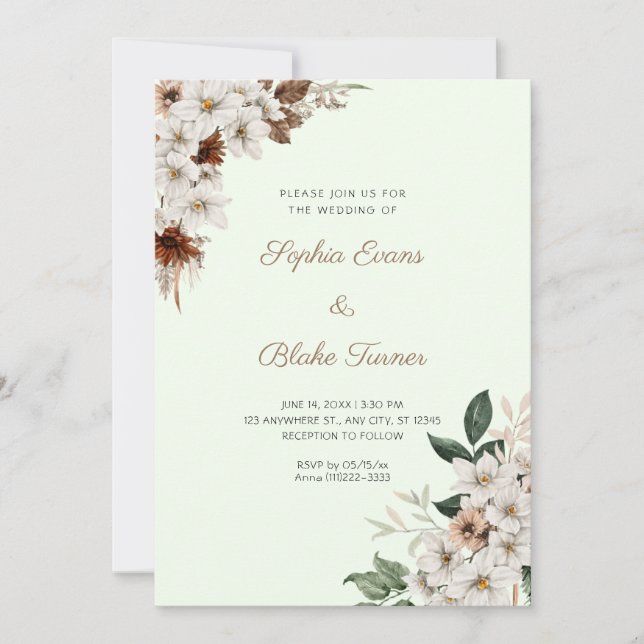 Convites Casamento Flores Brancas Rústicas Boho Verde Claro (Frente)