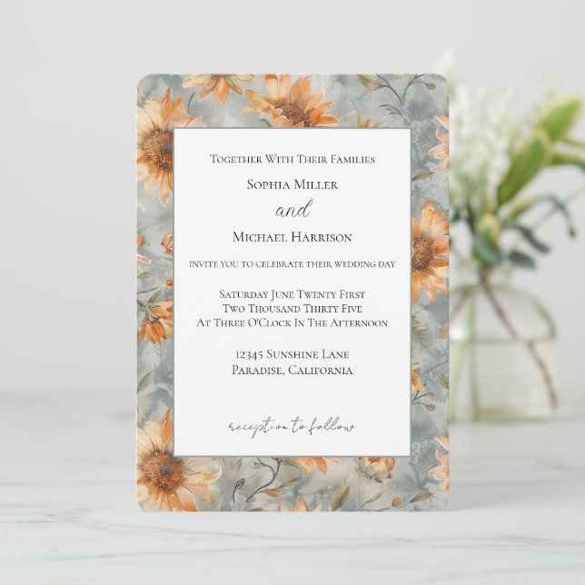 Convites Casamento Flores Creme Laranja Azul (Em pé/Frente)