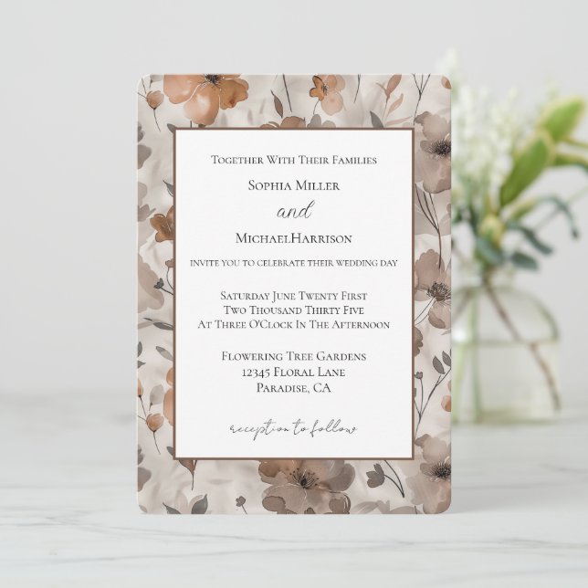 Convites Casamento Flores Creme Laranja Marrom (Em pé/Frente)