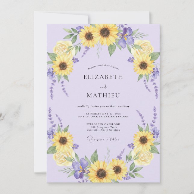 Convites Casamento Flores de Girassol Amarelo Lavanda (Frente)