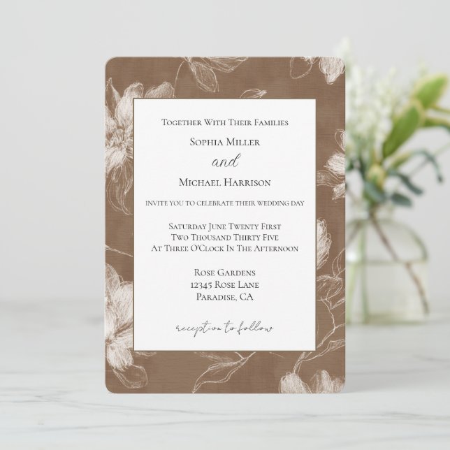 Convites Casamento Flores Marrons Creme (Em pé/Frente)