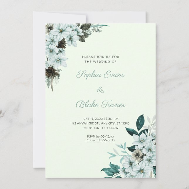 Convites Casamento Flores Verde Rústico Boho Luz Verde (Frente)