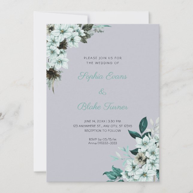 Convites Casamento Flores Verde Rústico Boho Nuvem Cinza (Frente)