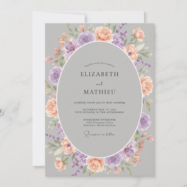 Convites Casamento Floresce com Lavanda e Flor de Pêssego (Frente)