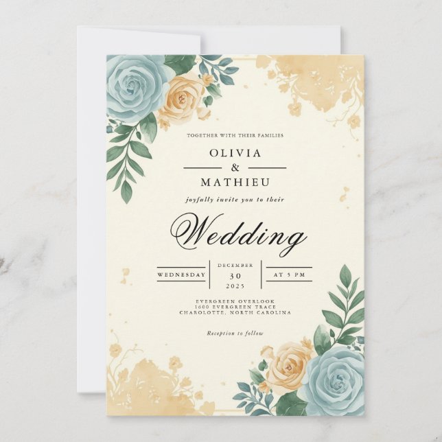 Convites Casamento florescente com Azul e Pêssego (Frente)