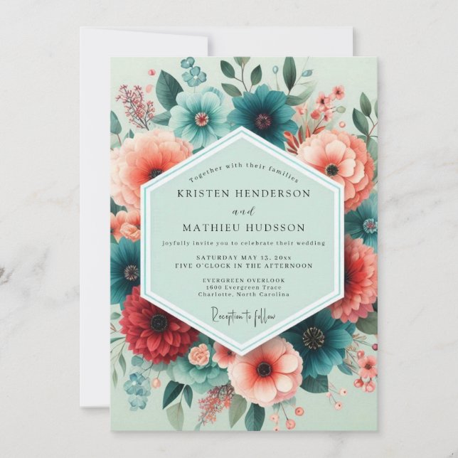 Convites Casamento Florescente de Coral Turquesa (Frente)