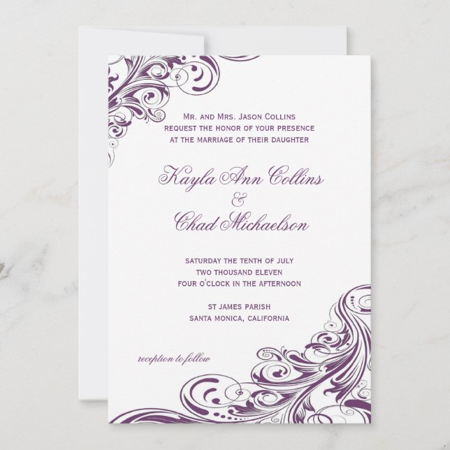 Convites Casamento florescente de Ornamentado branco roxo e (Frente)