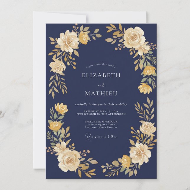 Convites Casamento Florescer Amarelo Naval (Frente)
