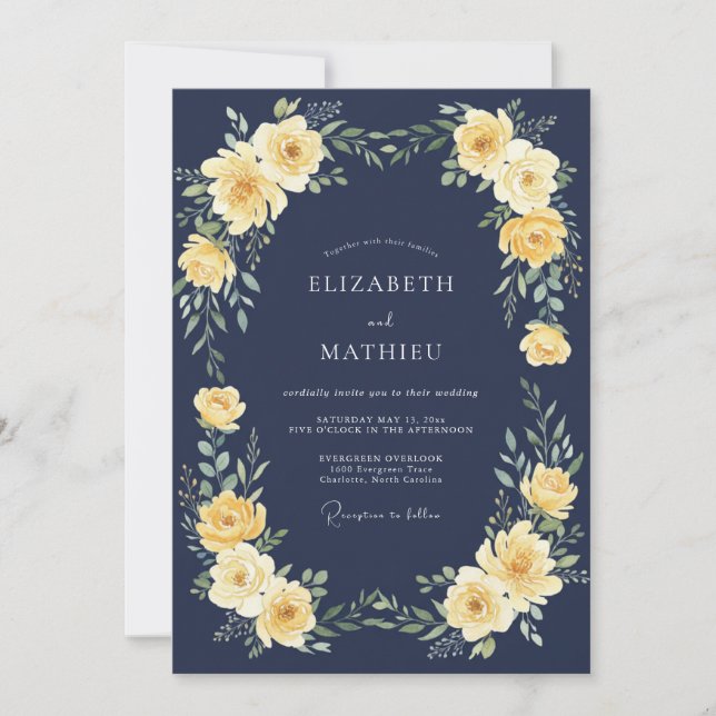 Convites Casamento Florescer com Flor de Ouro da Marinha (Frente)
