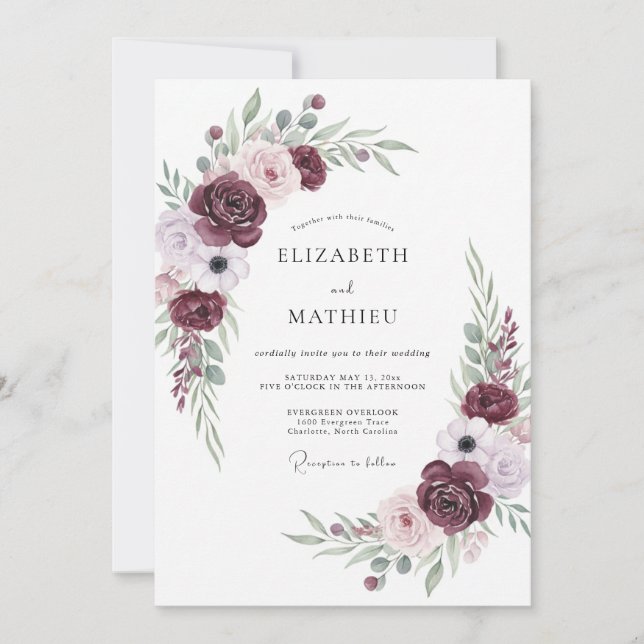 Convites Casamento Florescer em Flor Burgundy Amethyst (Frente)