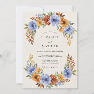 Convites Casamento Florescer Laranja Azul de Outono