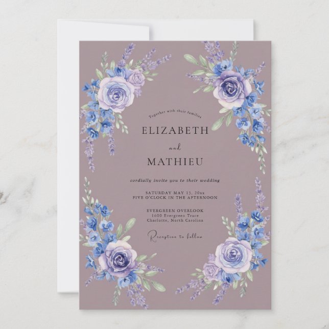 Convites Casamento Florescer Lavanda Azul (Frente)