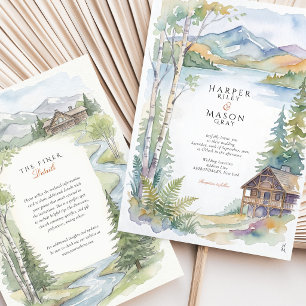 Convites Casamento Floresta Aquarela Lago Montanha Adironda