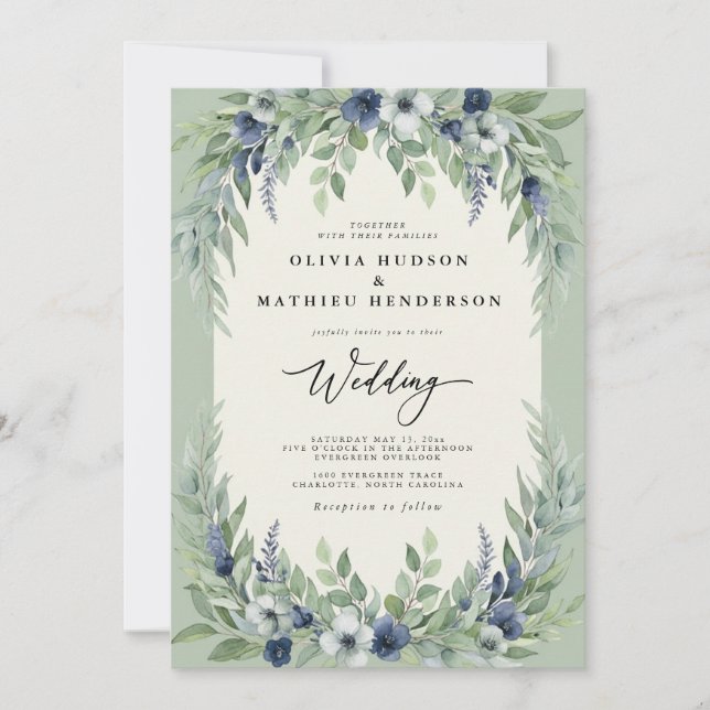 Convites Casamento Floresta Aquarela Sage Navy (Frente)