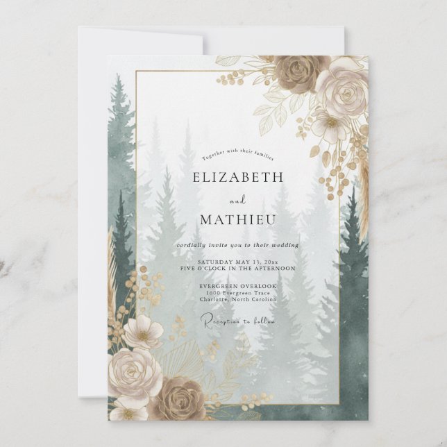 Convites Casamento Floresta de Eucalipto Dourado Champagne (Frente)