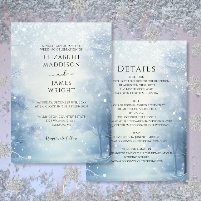 Convites Casamento Floresta de Inverno Encantado Tudo em Um (All In One Winter Wonderland Forest Wedding Invitation)