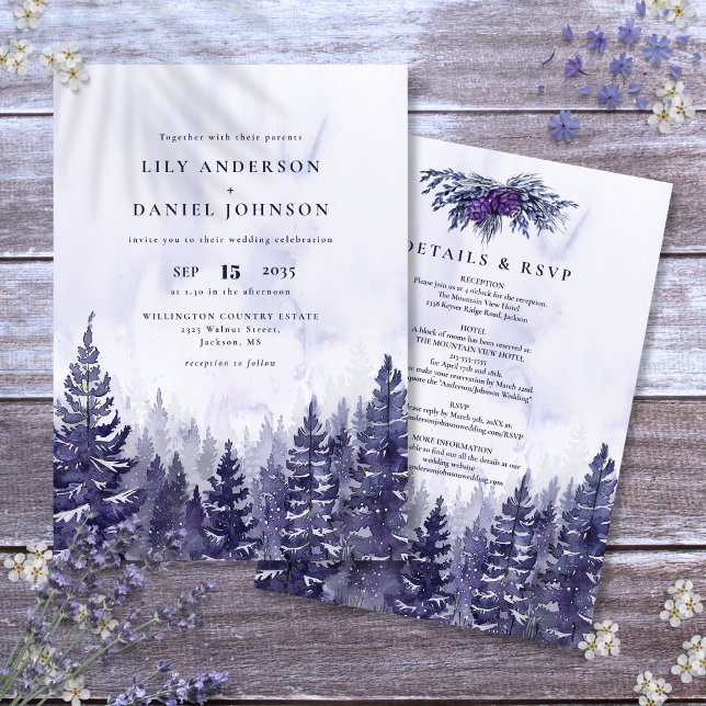 Convites Casamento Floresta de Pinheiros Roxos Aquarela Rús (Rustic Watercolor Purple Pine Tree Forest Wedding Invitation)