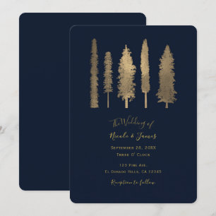 Convites Casamento Floresta Escura Azul e Dourada Árvores S