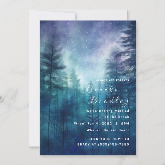 Convites Casamento Floresta Estrelada Azul e Roxo à Meia-No (Frente)