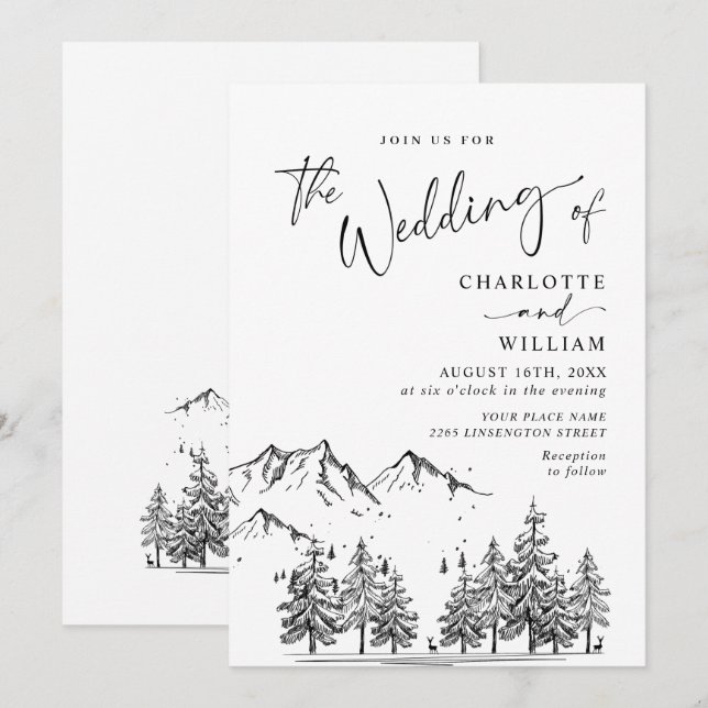 Convites Casamento Floresta Montanhas Desenhadas à Mão (Frente/Verso)