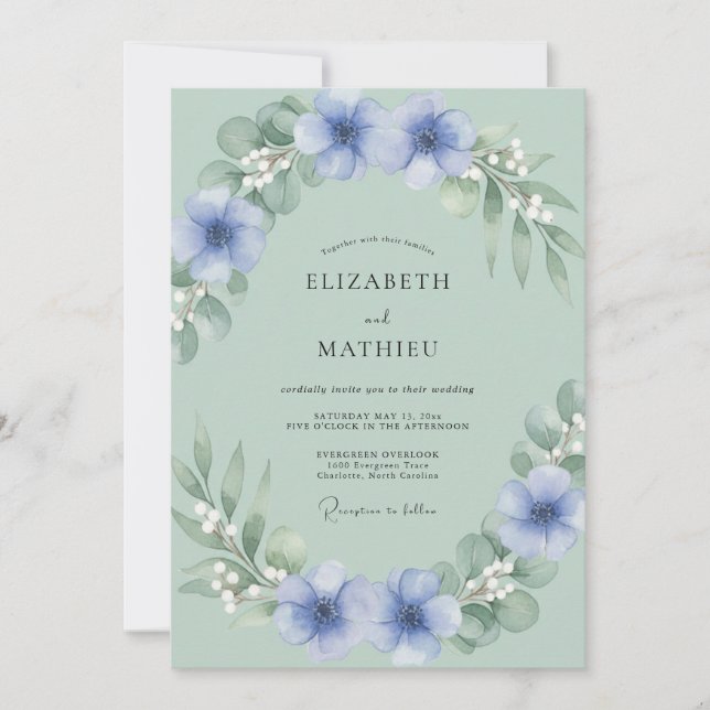 Convites Casamento Floresta Periwinkle Verde Salvia (Frente)