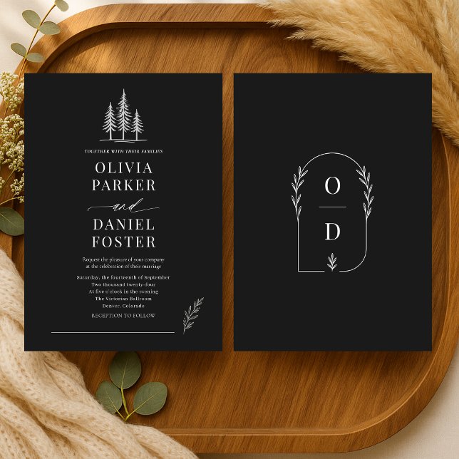Convites Casamento Floresta Rústica Arte Linear Elegante (Criador carregado)