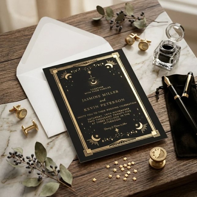 Convites Casamento Floresta Verde Estrela Lua Mística Celes (Criador carregado)