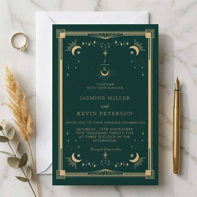 Convites Casamento Floresta Verde Estrela Lua Mística Celes (Criador carregado)