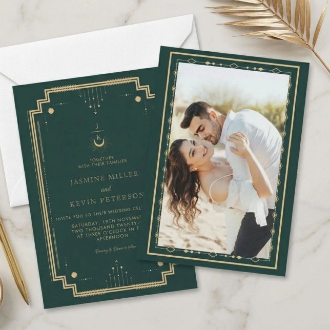 Convites Casamento Floresta Verde Lua Estrela Mística Celes (Criador carregado)