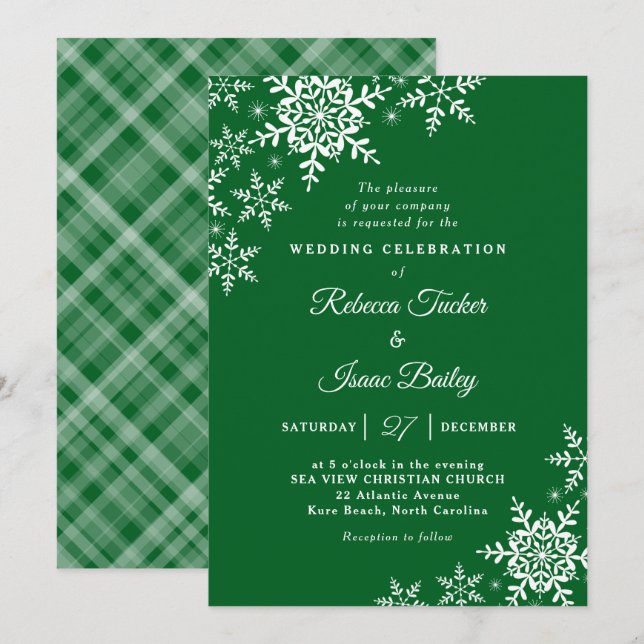 Convites Casamento Floresta Verde Xadrez Flocos de Neve Ele (Frente/Verso)