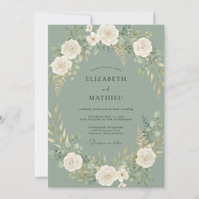 Convites Casamento Florestal Atemporal em Verde Sage (Frente)