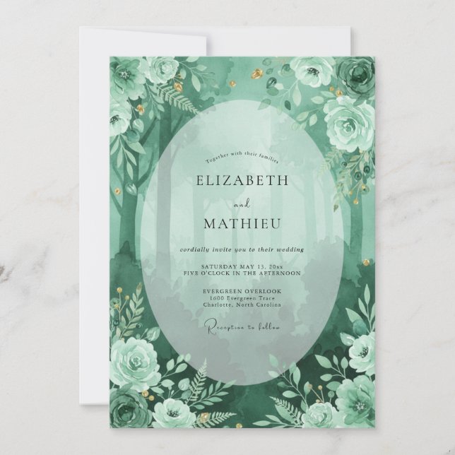 Convites Casamento Florestal Atmosférico Verde Esmeralda (Frente)